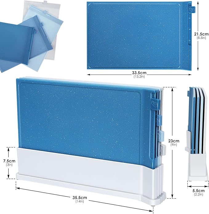 4 Pcs Non-Slip Plastic Chopping Board  with Storage Stand, Blue Shades Cutting Board - OneBag