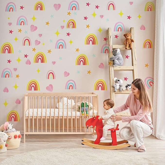 6 Pcs Rainbow Wall Decor Stickers, Rainbow Heart Stars Colour, Rainbows Wall Decals for Girls Kids Bedroom, Nursery Wall Décor - OneBag