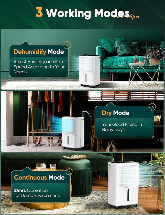 12L/Day Dehumidifiers for Home Damp, Compressor Dehumidifier with Humidity Display&Control, Ultra Quiet, 24 Hour Timer, Water Tank & Drainage Hose - OneBag