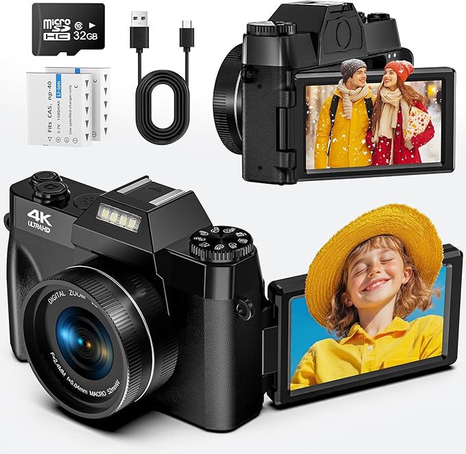 Digital Camera 4K 56MP UHD Vlogging Camera with 3'' 180° Flip Screen, 16X Digital Zoom Compact Camera for Photography - OneBag