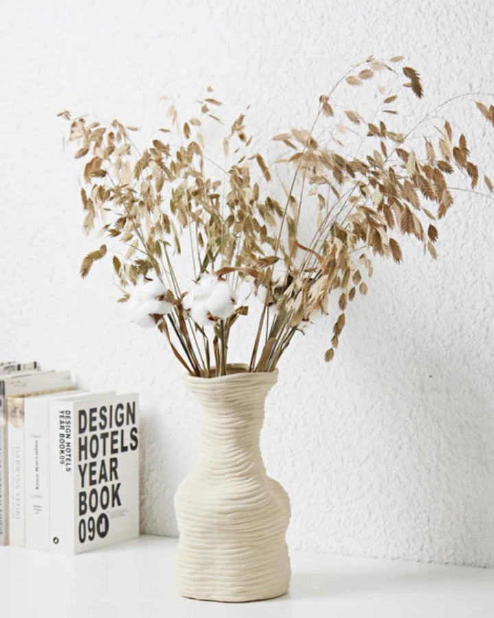 23.5x14cm White Textured Striped Ceramic Vase, Handmade Beige Vintage Farmhouse Flower Vase - OneBag
