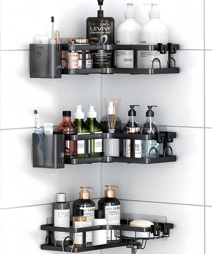 3 Pcs Black Corner Shower Caddy, Rustproof No Drilling Stainless Steel Corner Organizer Shelves for Bathroom - OneBag