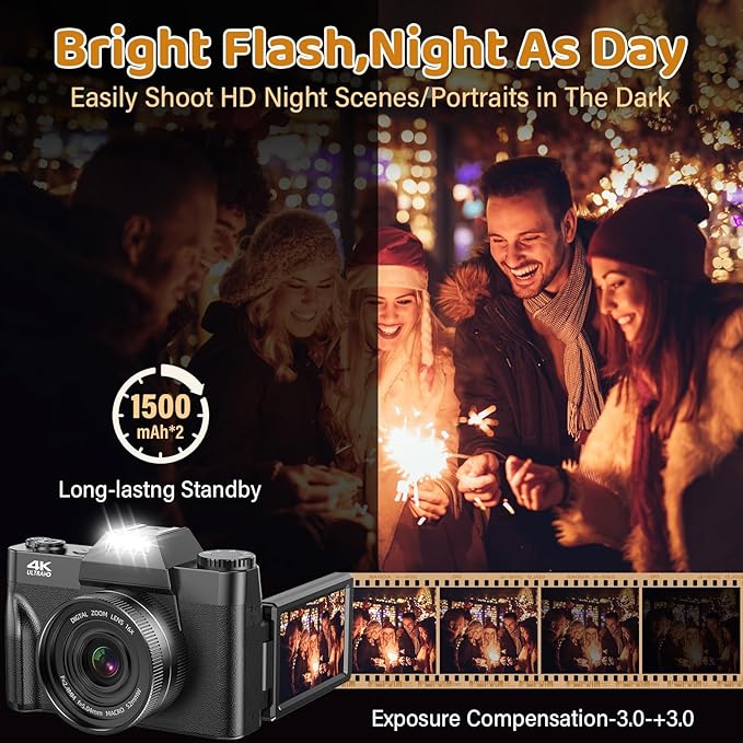 Digital Camera 4K 56MP UHD Vlogging Camera with 3'' 180° Flip Screen, 16X Digital Zoom Compact Camera for Photography - OneBag
