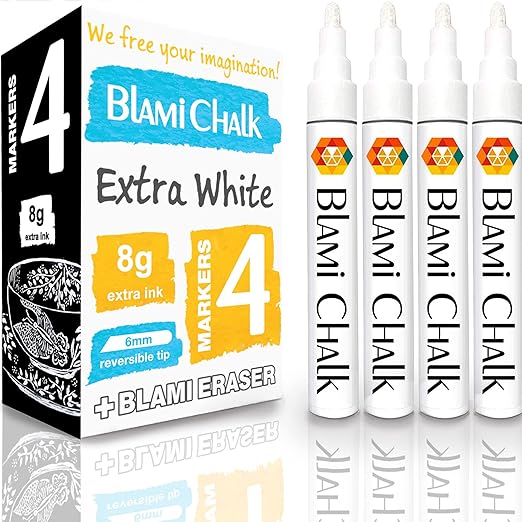 Blami Arts Chalk Markers White 4 Pack with Two Times More Liquid Ink 8g - OneBag