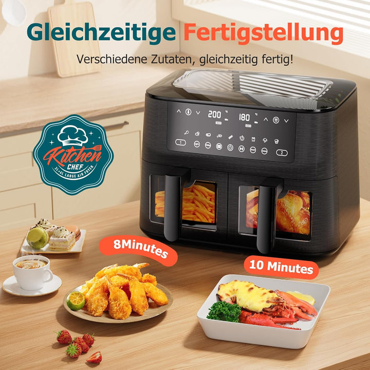 9Litre Dual Air Fryer with Visual Window, 2 Drawers, Touch Screen, Dishwasher-Safe used - OneBag