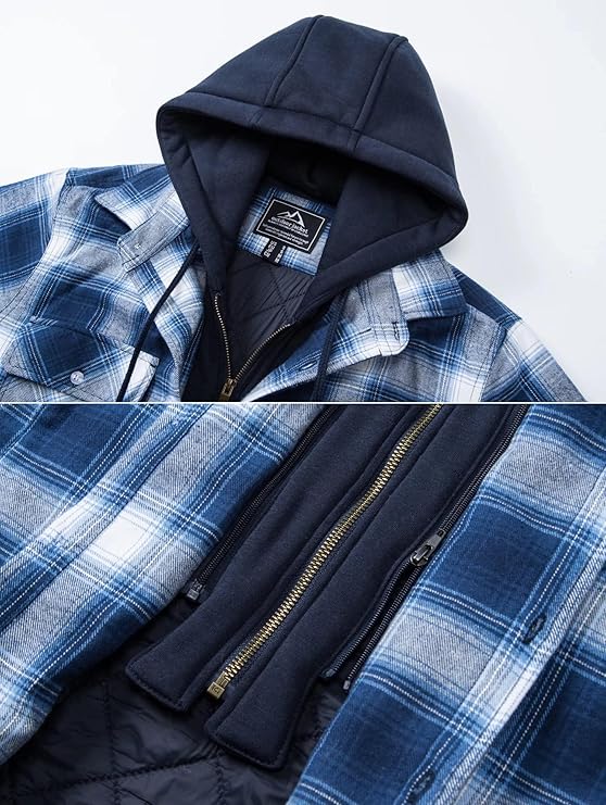 Men's Blue White Flannel Shirt Lumberjack Jacket with Removable Hood - OneBag