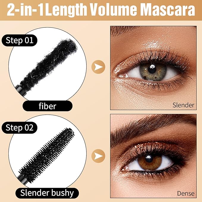 Incisite Mascara Black, Double Head Fiber Lash Mascara, Long-Lasting Waterproof Mascara, Long Thick & Voluminous Lash Mascara for Natural Eye Makeup, Clump-Free - OneBag