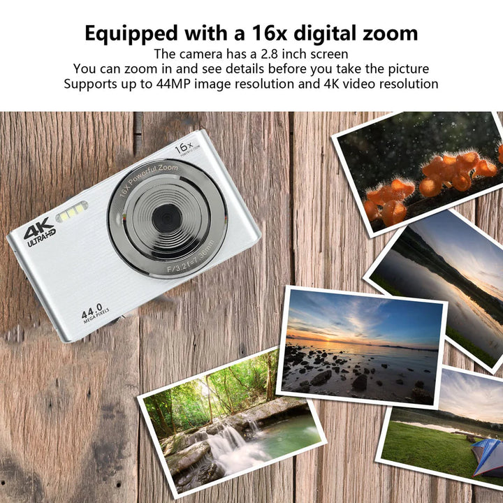 Silver 16X Digital Zoom Camera for Travel Photography, 2.8in Screen 4K 44MP Camera, Shock Proof Plastic Housing HD Camera - OneBag