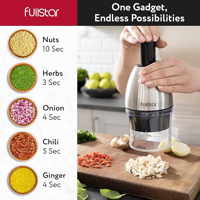 Fullstar Silver Onion Chopper, Hand Chopper for Vegetables, Stainless Steel Nut Chopper, Manual Hand Food Chopper, Handheld Food Chopper - OneBag