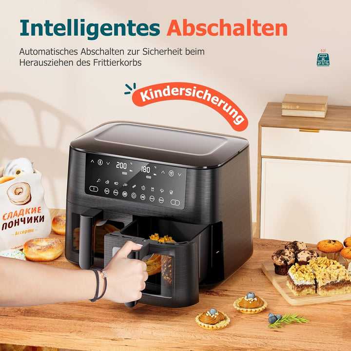 9Litre Dual Air Fryer with Visual Window, 2 Drawers, Touch Screen, Dishwasher-Safe used - OneBag