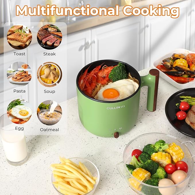 Electric Hot Pot with Steamer, 1.5 & 1.8L Non-stick Ramen Cooker, 2 in 1 Shabu Shabu Hot Pot, Multifunctional Cooker with Overheating Protection for Stew, Noodles - OneBag