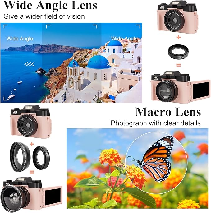 Pink SOPPY 4K Digital Camera with WiFi, 48MP Video Camera with 32G SD Card, 3.0" IPS 180Â°Flip Screen, Wide Angle Lens, Macro Lens, 16X Digital Zoom, 2 Batteries - OneBag