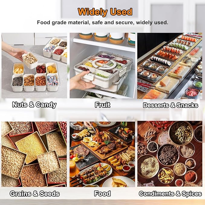 DOVMEWO Divided Clear Snack Box, Serving Tray with Lid & Handle, Snackle Box Charcuterie Board Container Storage Organizer - OneBag