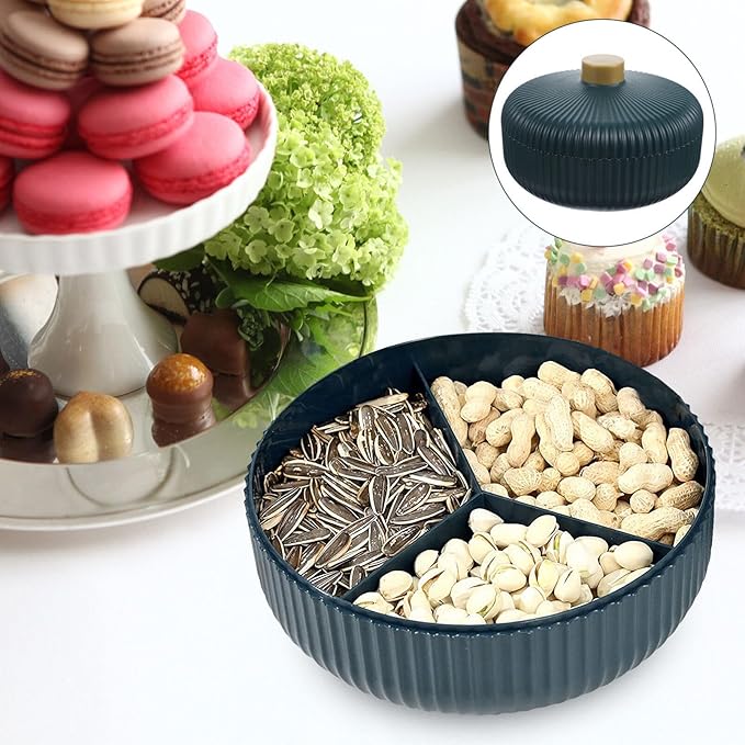 Divided Serving Tray with Lid, Dry Fruit Platter Tray, 3 Compartments Round Food Storage - OneBag