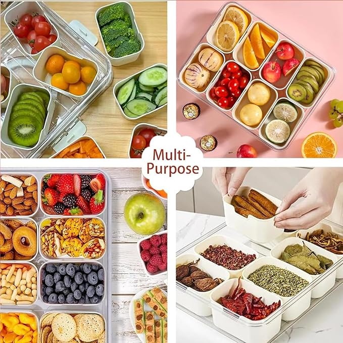 9 Compartments Divided Serving Tray with Lid and Handle, Portable Snakle Box Container, Snack Platter Oragnizer - OneBag