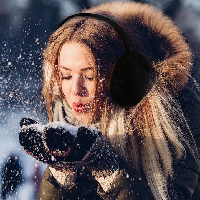 Black Winter Ear Muffs, Foldable Black Ear Muffs, Plush Earmuffs - OneBag