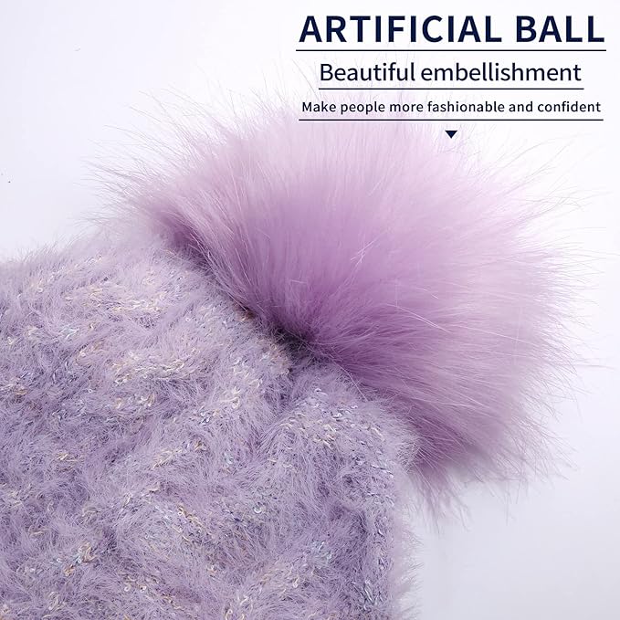 Winter Natural-White Women Pom Pom Beanie Hat, Girls Warm Faux Fur Pompom Knit Ski Hat - OneBag