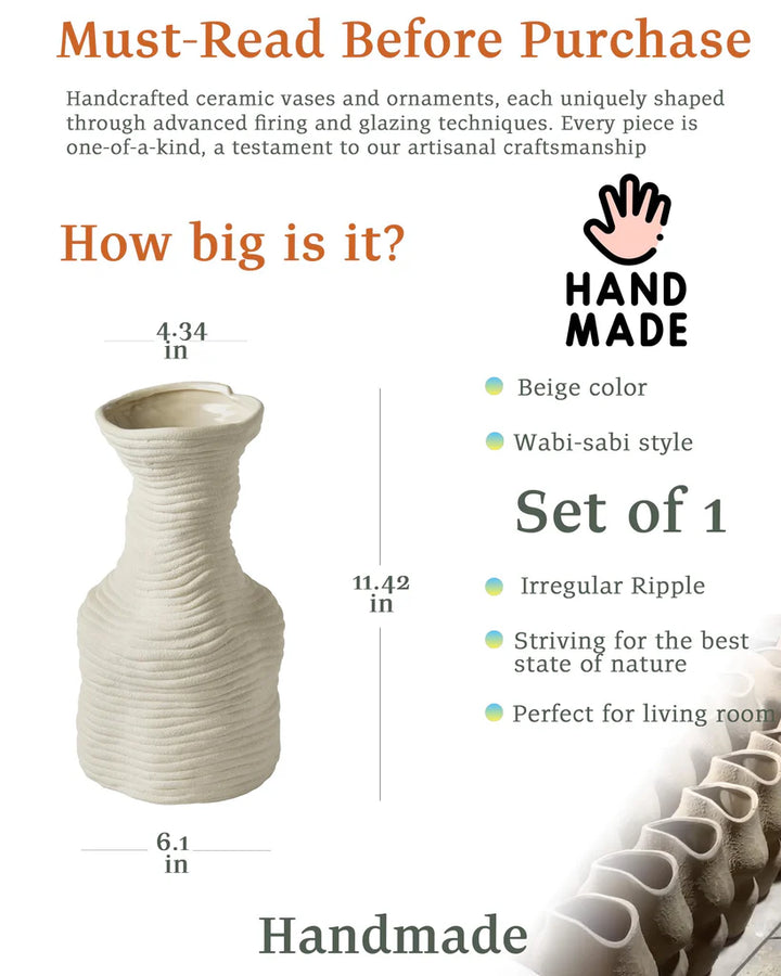 23.5x14cm White Textured Striped Ceramic Vase, Handmade Beige Vintage Farmhouse Flower Vase - OneBag