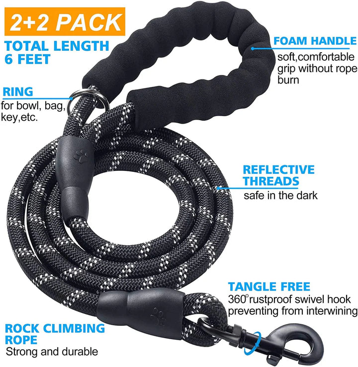 2 Pcs Reflective 0.5inX5FT Heavy Duty Dog Leash with Comfortable Padded Handle for Medium Large Dogs - OneBag