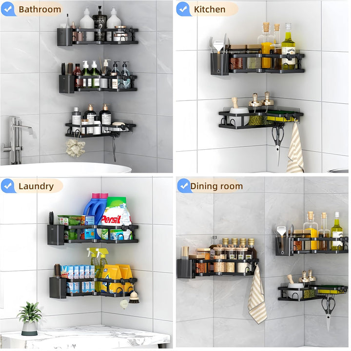 3 Pcs Black Corner Shower Caddy, Rustproof No Drilling Stainless Steel Corner Organizer Shelves for Bathroom - OneBag
