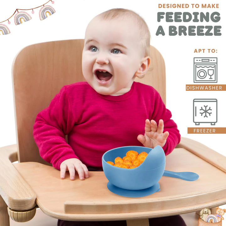 Silicone BPA Free Baby Children Feeding Bowl Plate and Spoon Set with Suction - OneBag