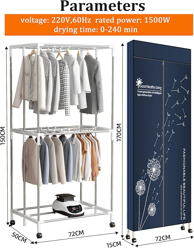 KASYDoFF Electric Clothes Dryer, 1500W-16KG Capacity Heated Clothes Airer with Remote Control,1.5 Meter Foldable Clothes Dryer Rack, Clothes Airer with Cover for Indoor- remote has crack - OneBag