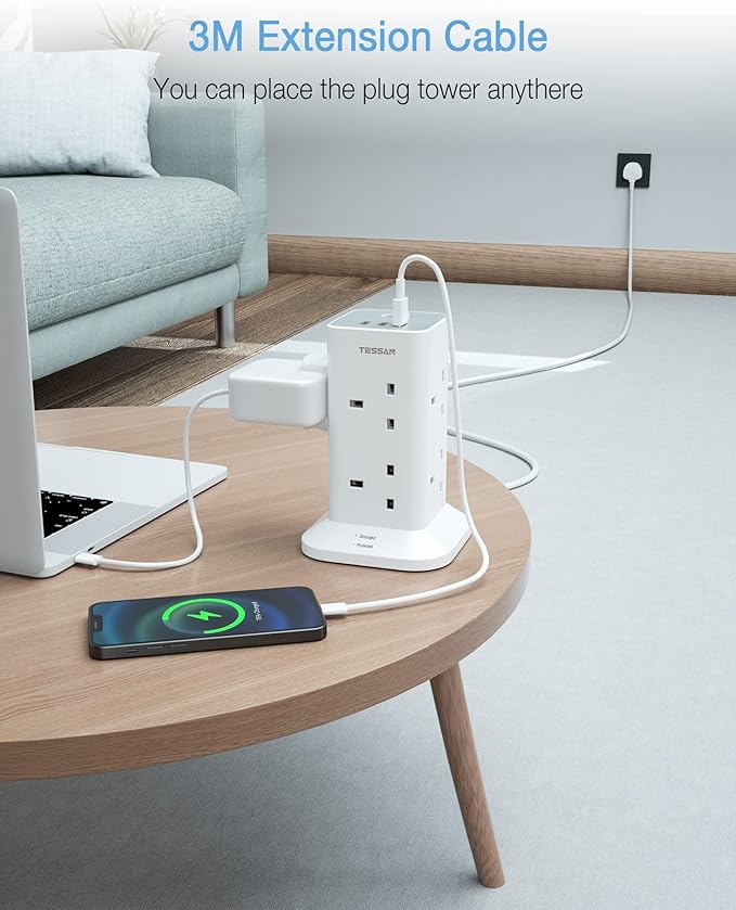 Tower Extension Lead 3M with 3 USB Slots, TESSAN Extension Cable 8 Way Multi Socket Plug with Switch, Surge Protected Power Strip for Home, Office, Kitchen Supplies - OneBag