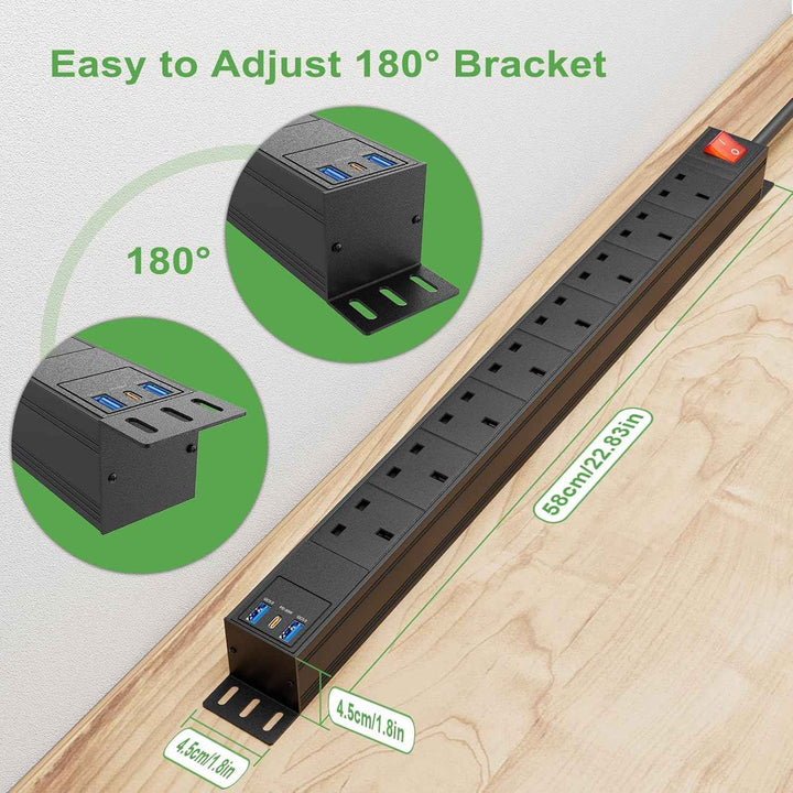 1.8m Extension Lead Power Strip Surge Protector 8xGang Way, 1xUSB-C, 2xUSB-A
