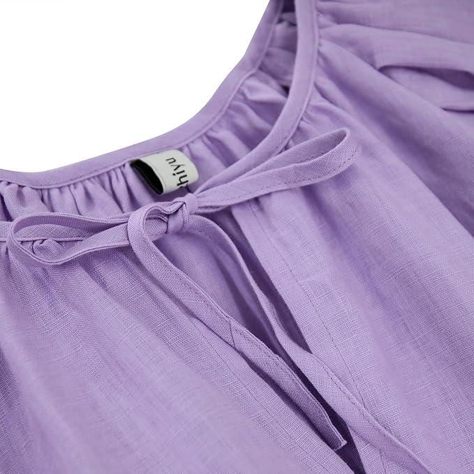 Womens Pure Linen Dress, Summer Puff Sleeve Dress, V Neck Mini Dress - OneBag