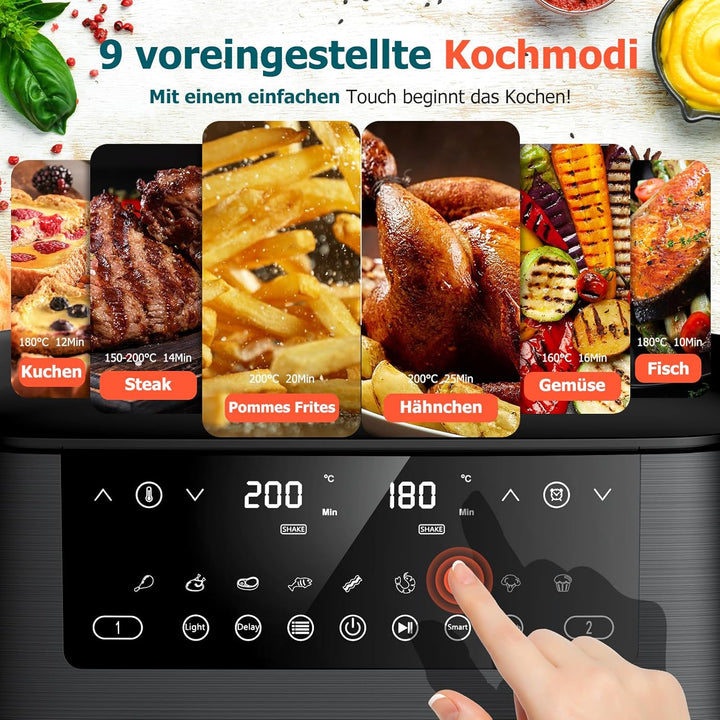 9Litre Dual Air Fryer with Visual Window, 2 Drawers, Touch Screen, Dishwasher-Safe used - OneBag