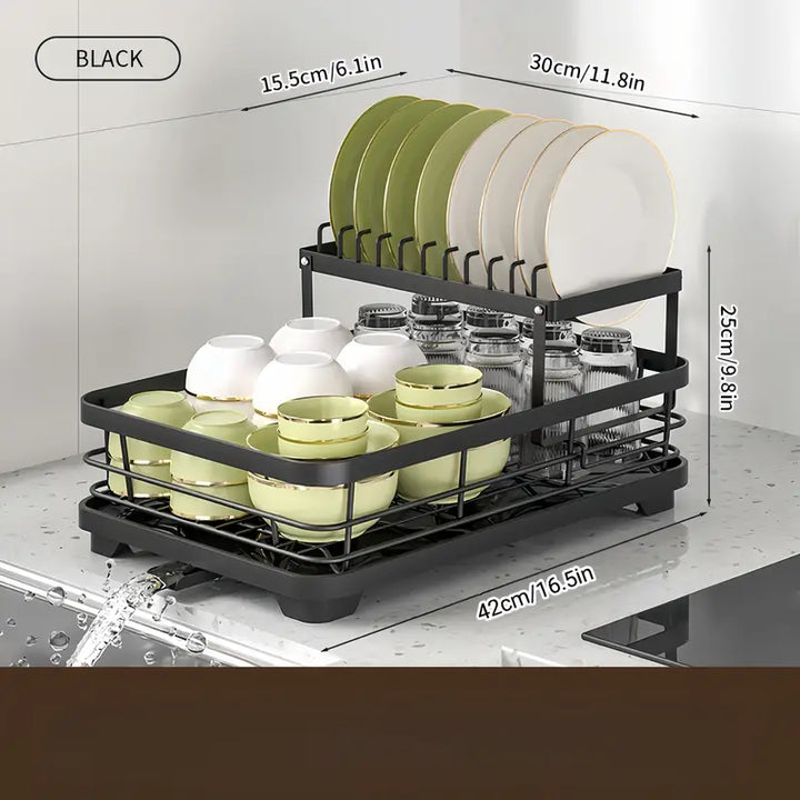 2-Tier Black Iron Kitchen Dish Rack - Large Capacity Storage Organizer with Drainboard, Utensil Holder & Cup Hooks - OneBag