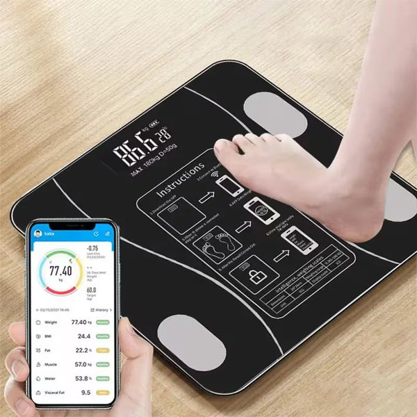 Black Smart Digital Bathroom Scales Body Fat, Electronic Bluetooth Scale Rechargeable