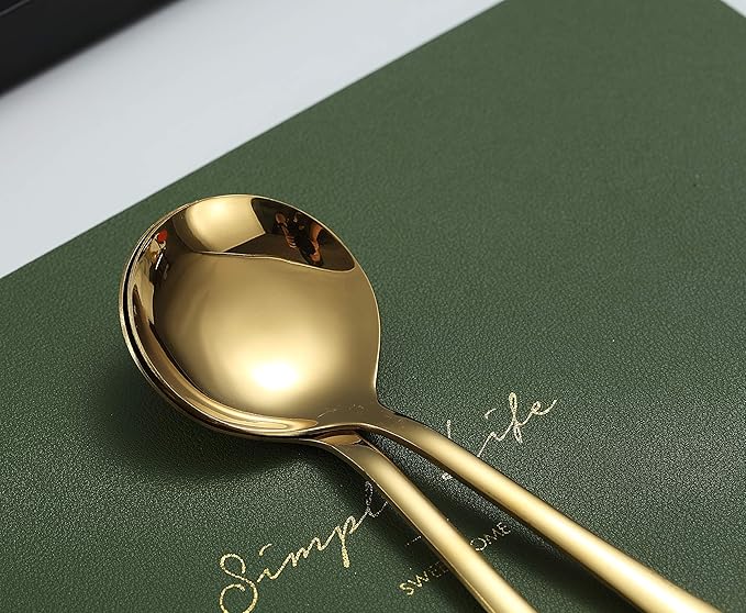 Gold Soup Spoons, 6 Pieces 19 cm Stainless Steel Round Spoons with Gold Titanium Plating - OneBag