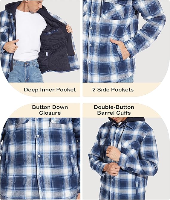Men's Blue White Flannel Shirt Lumberjack Jacket with Removable Hood - OneBag