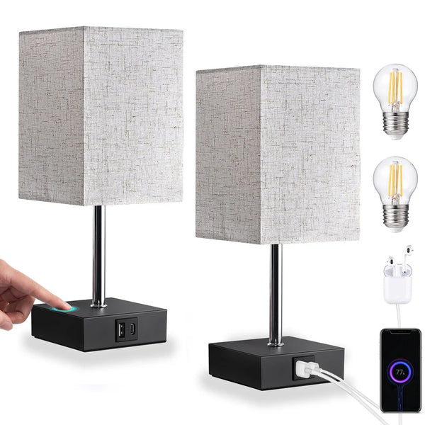 Bedside Lamps Set of 2, 3 Way Dimmable Table Lamp with USB A C Charging Ports