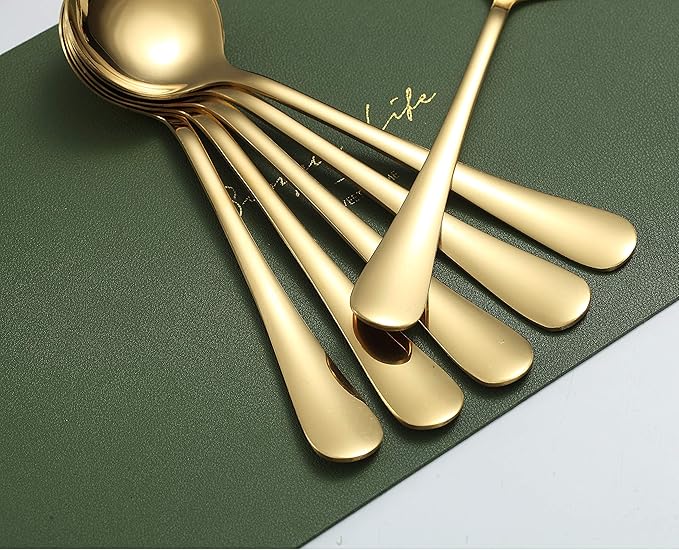 Gold Soup Spoons, 6 Pieces 19 cm Stainless Steel Round Spoons with Gold Titanium Plating - OneBag