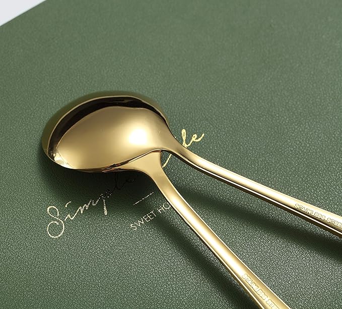 Gold Soup Spoons, 6 Pieces 19 cm Stainless Steel Round Spoons with Gold Titanium Plating - OneBag