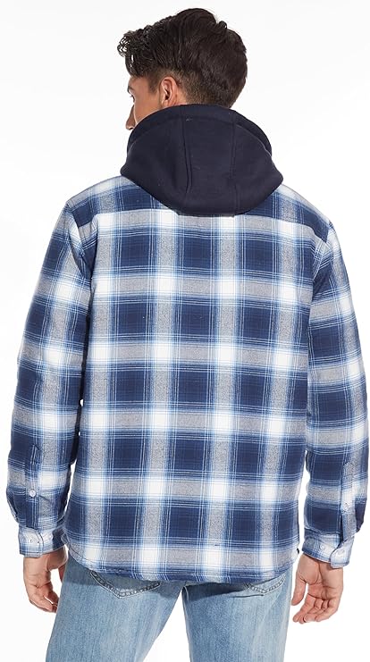 Men's Blue White Flannel Shirt Lumberjack Jacket with Removable Hood - OneBag