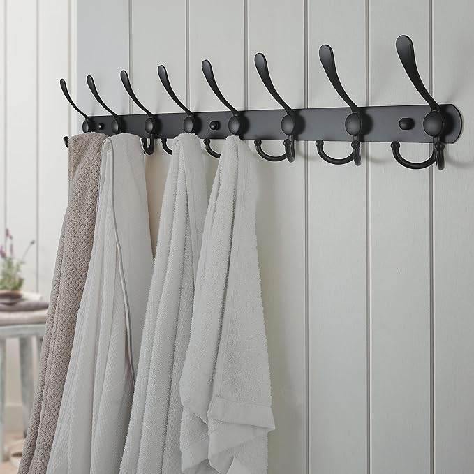 2 Pcs Black Coat Rack Wall Mounted - 8 Tri Hooks, Heavy Duty, Stainless Steel, Metal Coat Hook Rail - OneBag