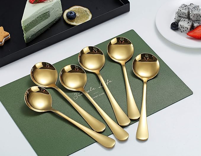 Gold Soup Spoons, 6 Pieces 19 cm Stainless Steel Round Spoons with Gold Titanium Plating - OneBag