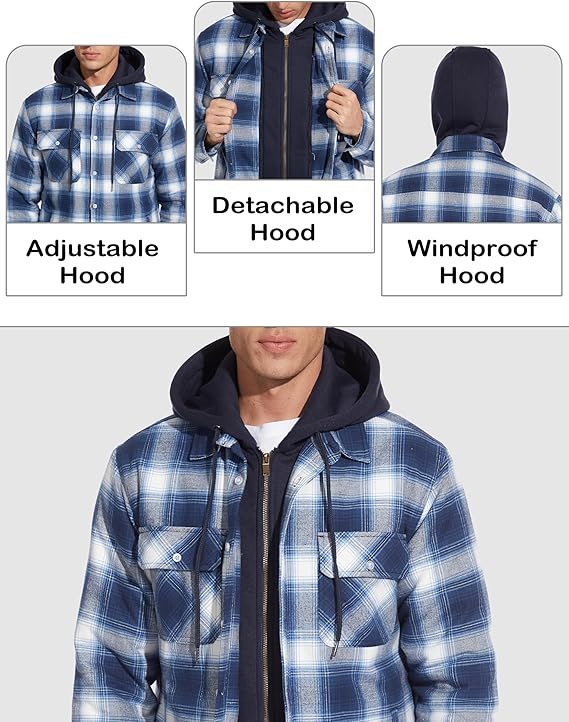 Men's Blue White Flannel Shirt Lumberjack Jacket with Removable Hood - OneBag