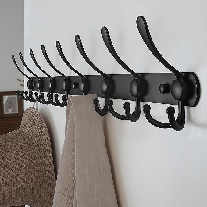 2 Pcs Black Coat Rack Wall Mounted - 8 Tri Hooks, Heavy Duty, Stainless Steel, Metal Coat Hook Rail - OneBag