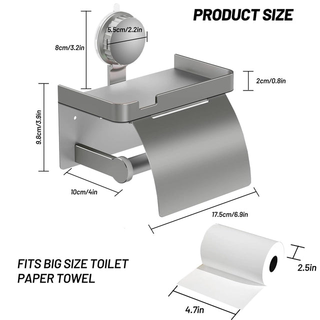 VEHHE Gunmetal Grey Toilet Roll Holder, Suction Cup Toilet Roll Holder with Shelf, Toilet Paper Holder Wall Mounted, No Drill Toilet Roll Holder Rust Resistant, Bathroom Toilet Roll Holder - OneBag