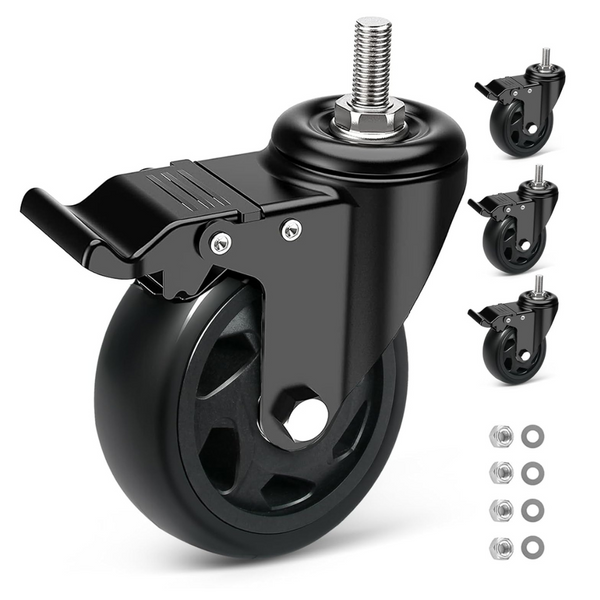 Heavy Duty 125MM Caster Wheels with Brake , Threaded Stem Casters Furniture Casters with M10x30mm Screw Stem, Double Bearing Swivel Castors Wheels , 4 PU Trolley Castor Load Capacity 650kg
