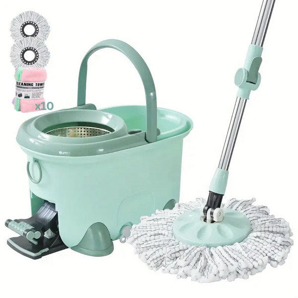 360 Spin Complete Mop Set With Foot Pedal Bucket 2 Mop Head for Floor & Free 10 Pcs Cleaning Cloth