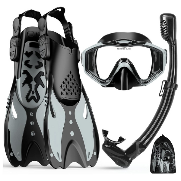 Snorkel Set with Flippers for Adults, Dry Top Snorkel and Adjustable Swim Fins, Scuba Diving Snorkeling Gear