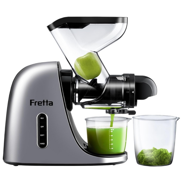 Fretta Juicer Machines, 75MM Wide Dual Feed Chute Slow Masticating with 2-Speed Modes & Automatic Reverse Function