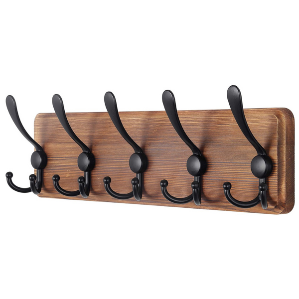 Coat Rack Wall Mounted - Wooden, Heavy Duty, Rustic Coat Hooks for Wall, 16'' Hole to Hole, Wall Coat Rack with 5 Triple Hooks for Hanging Clothes, Jacket, Hat (Brown)