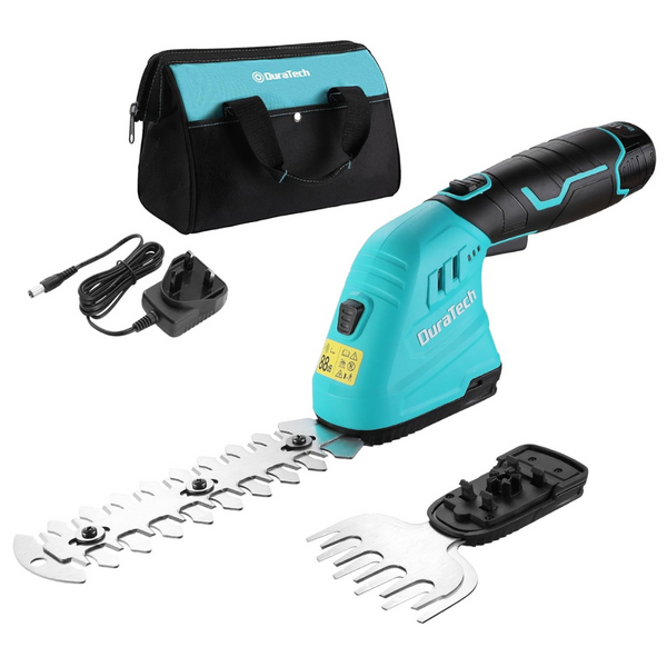 DURATECH 12V Cordless Hedge Trimmer, 2-in-1 Hedge Trimmer Cordless with 2Ah Battery Pack, Cordless Grass Trimmer with Charger and Bag, Handheld Hedge Trimmer for Gardening, Cutting, Trimming, Lawn