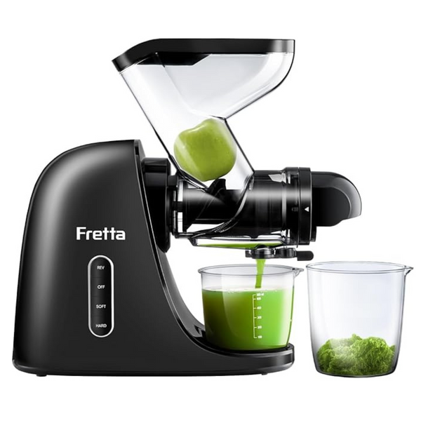 Fretta Black Juicer Machines, 75MM Wide Dual Feed Chute Slow Masticating with 2-Speed Modes & Automatic Reverse Function